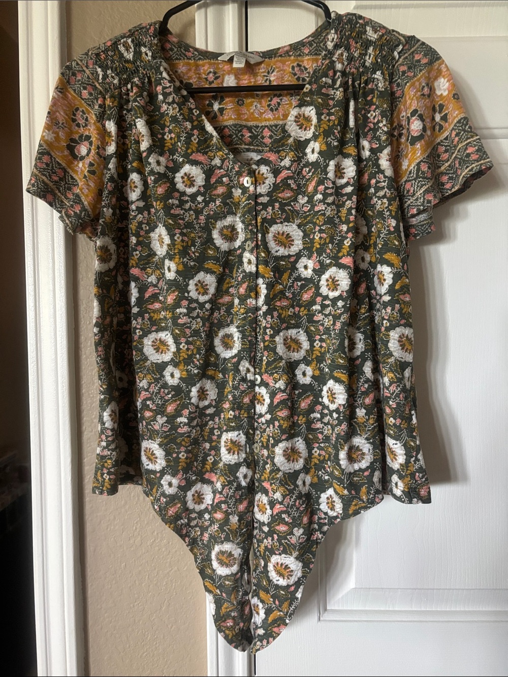 Lucky Brand Olive Green Floral Button-Front Blouse with Mustard Accents